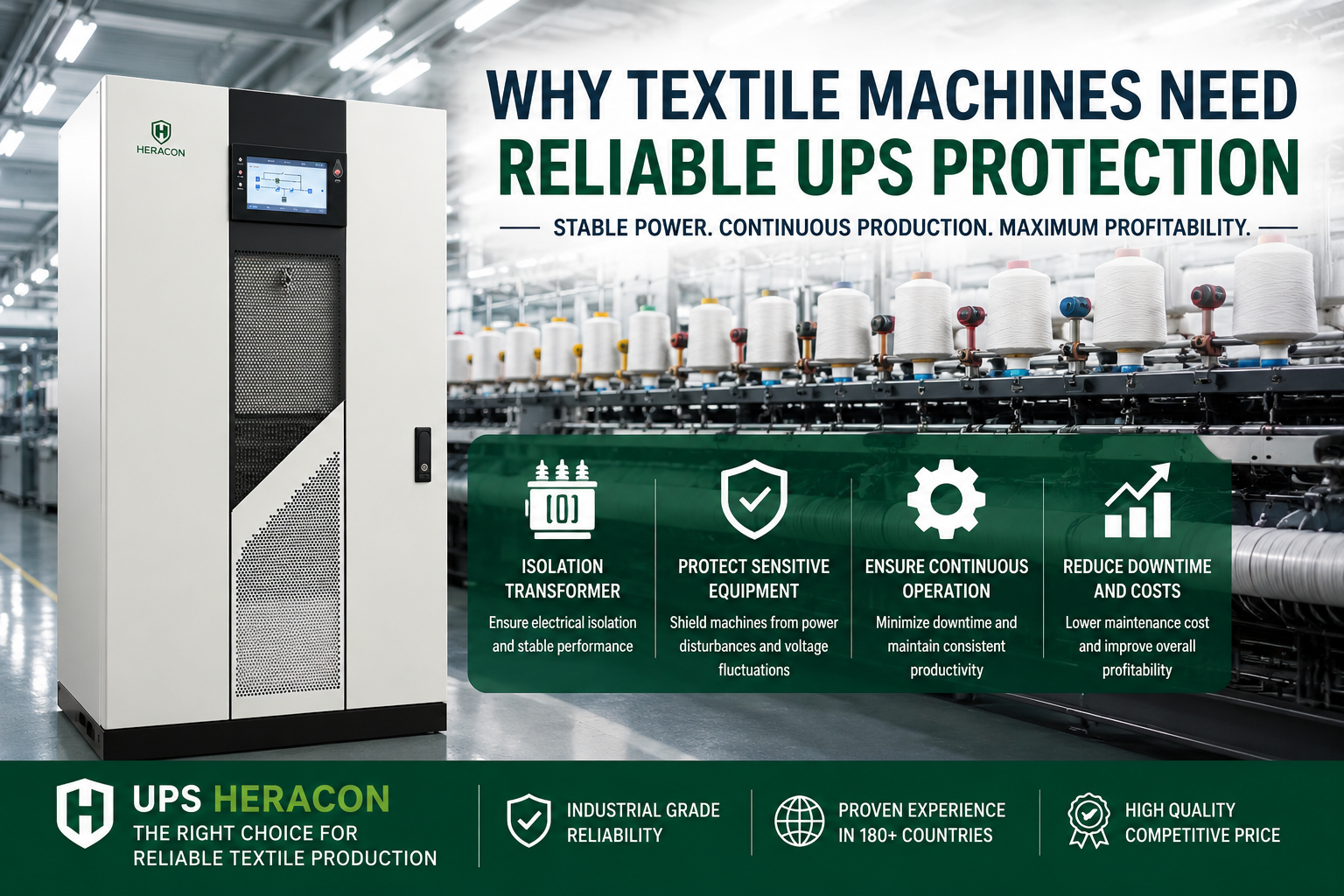 UPS Heracon protecting textile weaving machines in a modern industrial factory